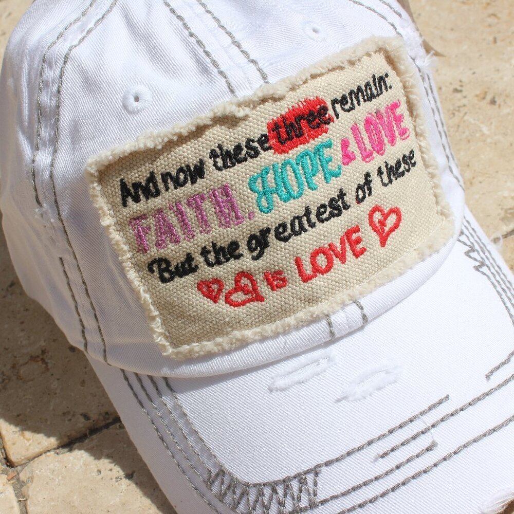 And Now These Three Remain FAITH HOPE LOVE Womens Distressed White Cap Hat Cor13